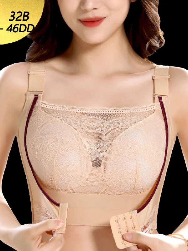 Bra with a wire - free band for a more comfortable underbust area Lace Minimizer Wireless Support Bra with Front Buckle Bra with a wire - free band for a more comfortable underbust area Lace Minimizer Wireless Support Bra with Front Buckle
