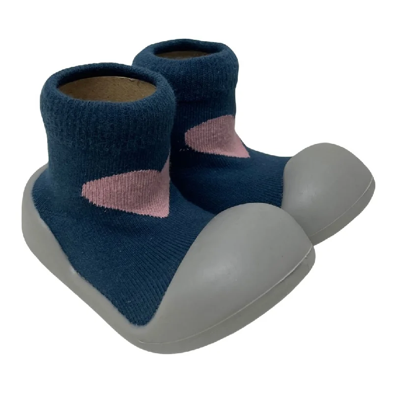 Women's Denim Look Tights Rubber Soled Socks - Heart Navy/Pink